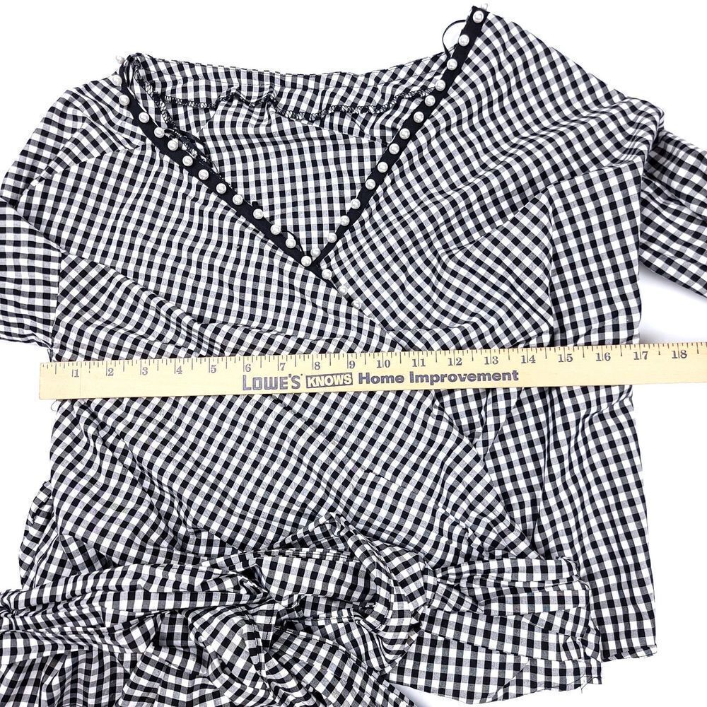 ZARA Pearl Ruched Reversible Wrap Top Black White Gingham French Girl Preppy - Picture 3 of 6